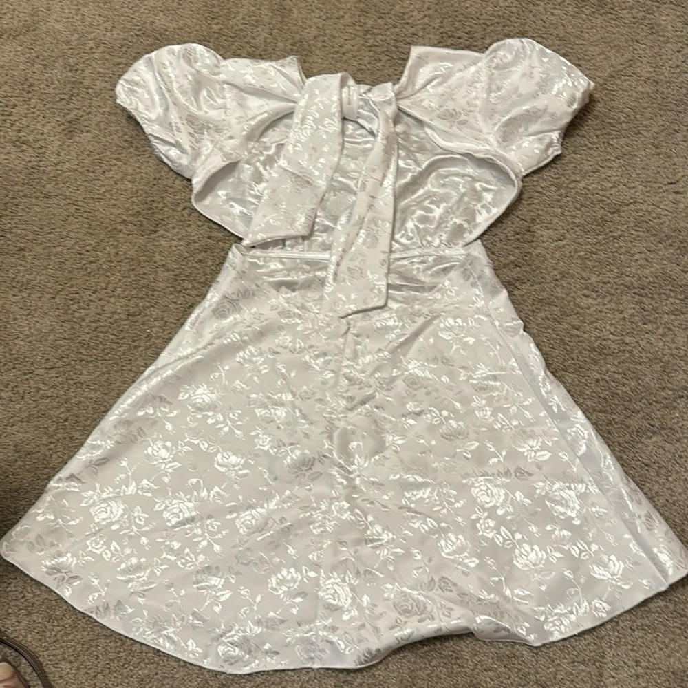 White floral print open back fit and flare dress